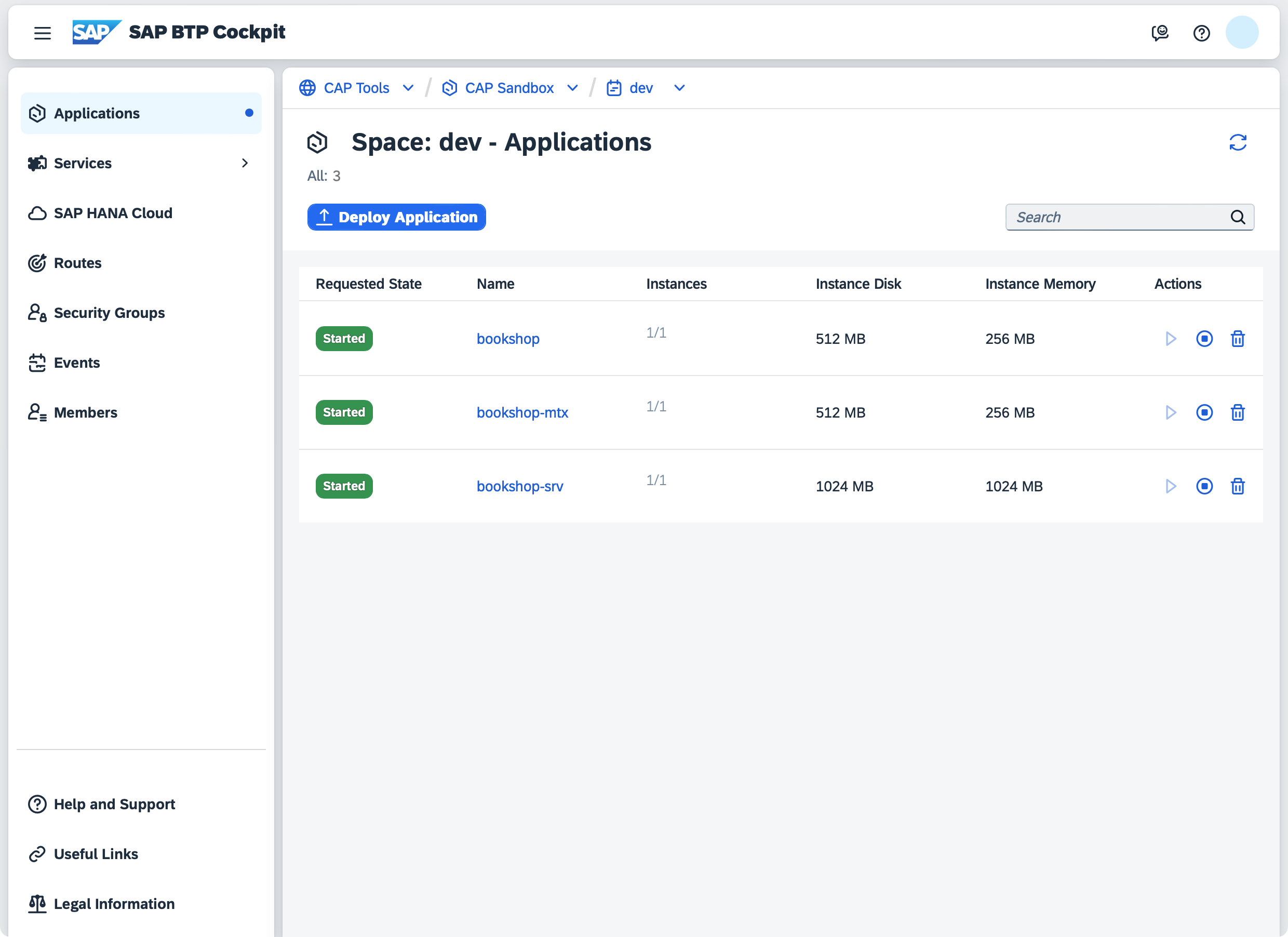 The screenshot shows the SAP BTP cockpit, when a user navigates to his dev space in the trial account and looks at all deployed applications.