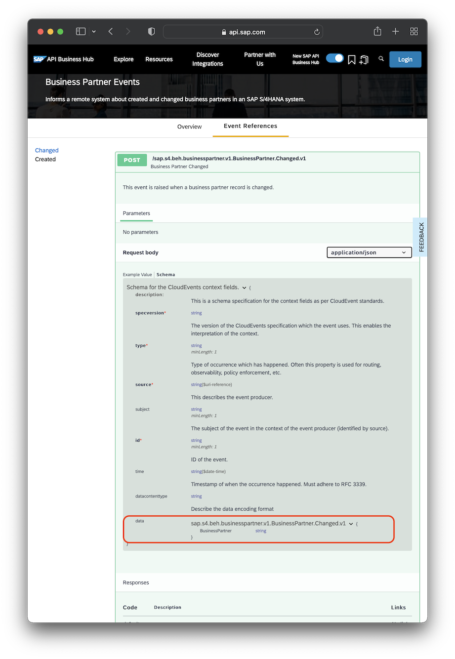 Shows the event reference page on the SAP Business Accelerator Hub, highlighting the data property.