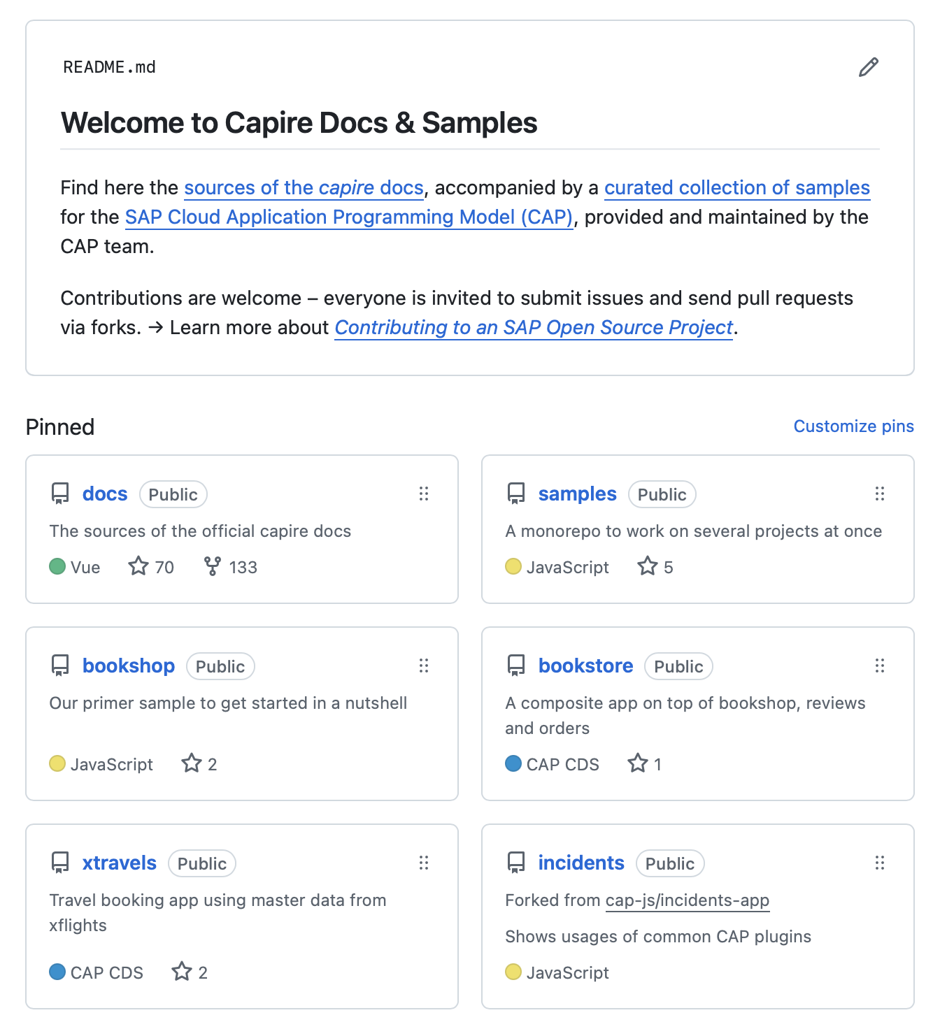 Screenshot of the capire GitHub organization page with sample repositories
