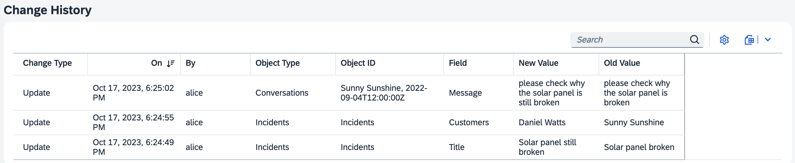 Change history table in an SAP Fiori UI.