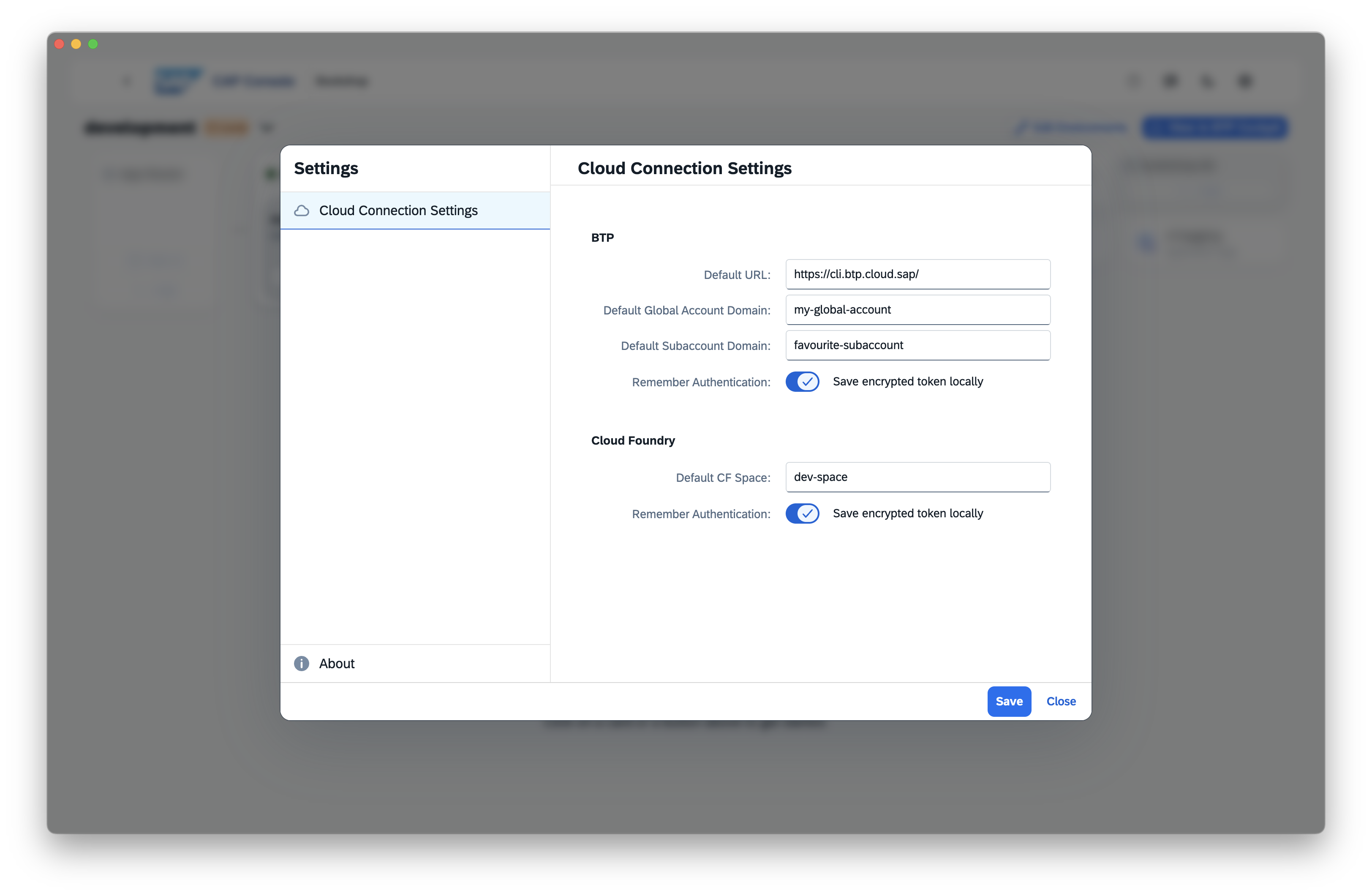Screenshot of CAP console cloud connection settings