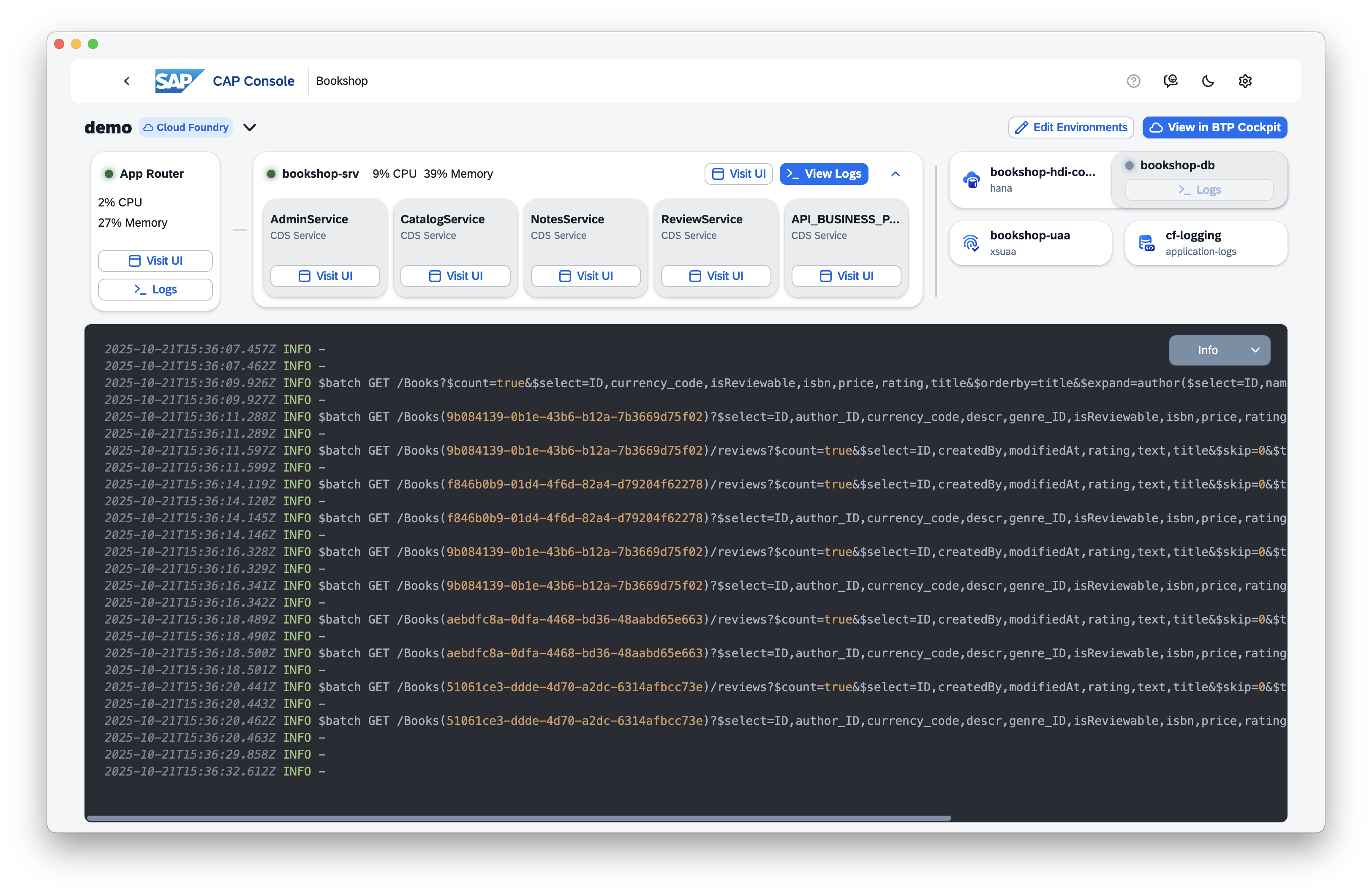 Screenshot of CAP console logs