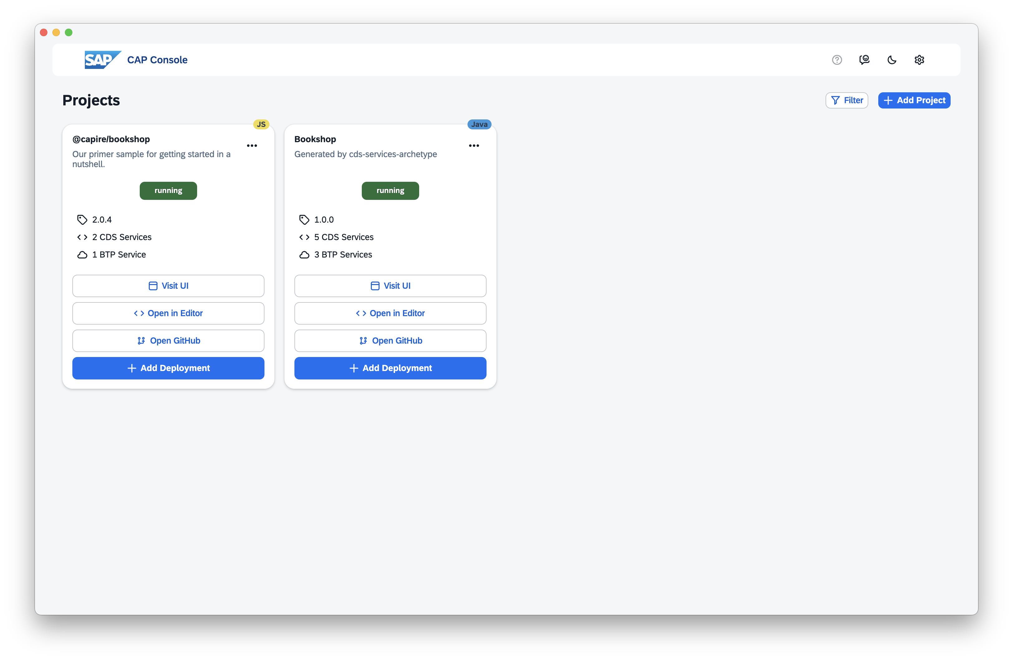 Screenshot of CAP console start page