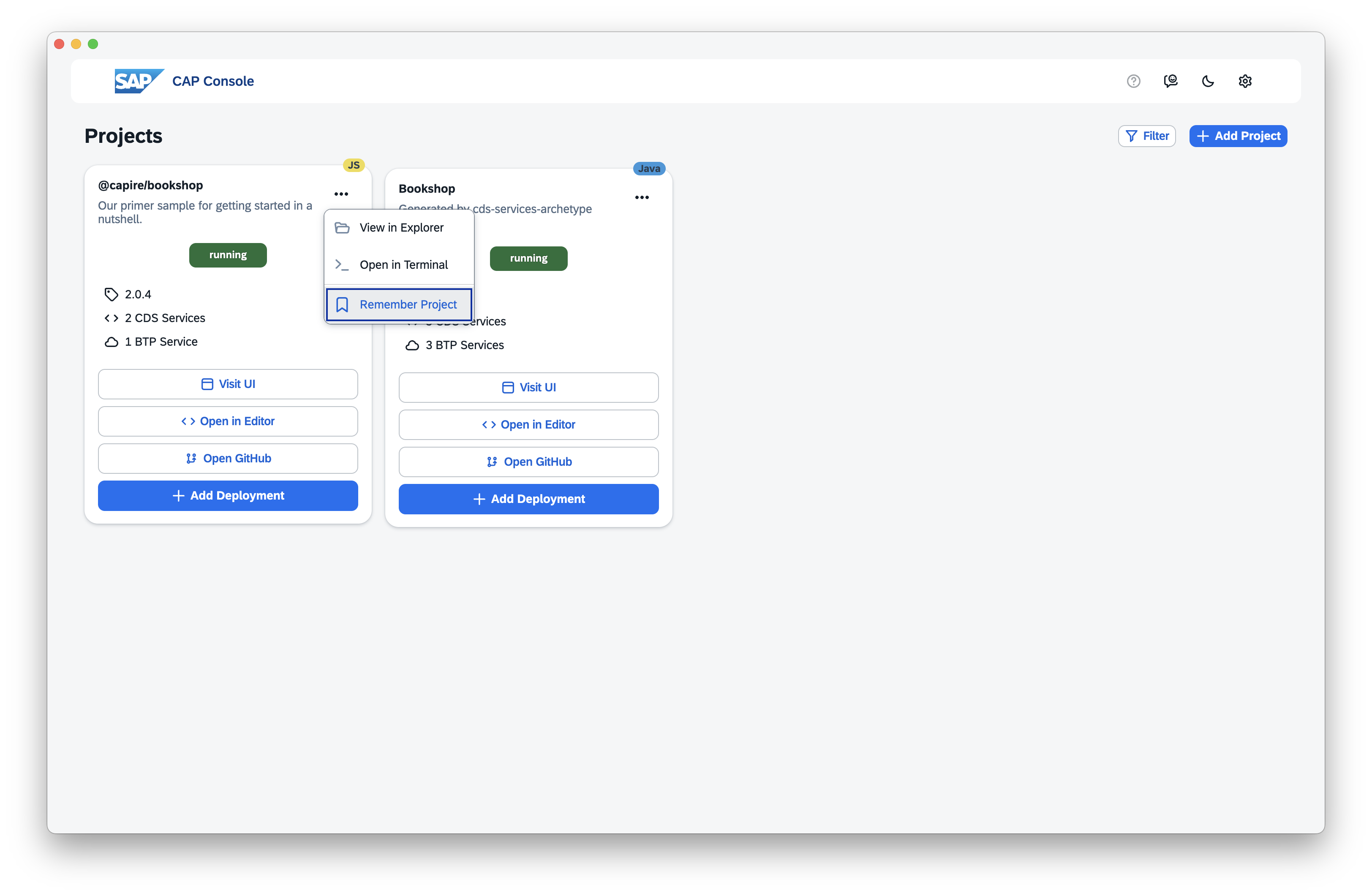 Screenshot of CAP console menu to remember project
