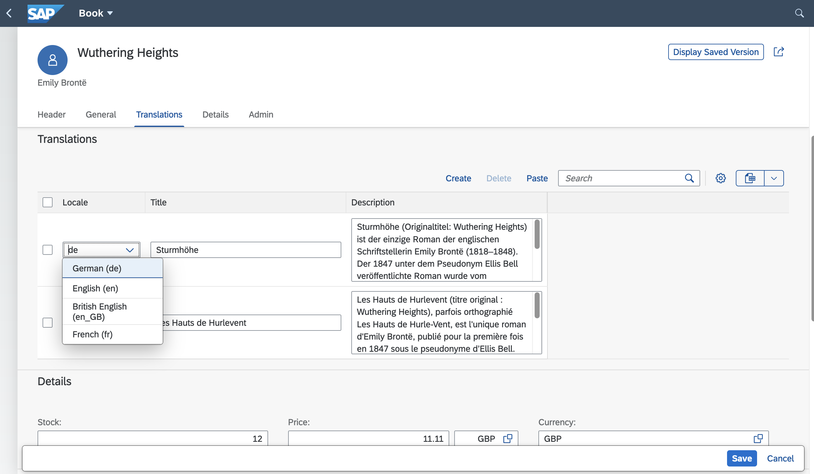 An SAP Fiori UI showing how a book is edited in the bookshop sample and that the translations tab is used for non-standard languages.