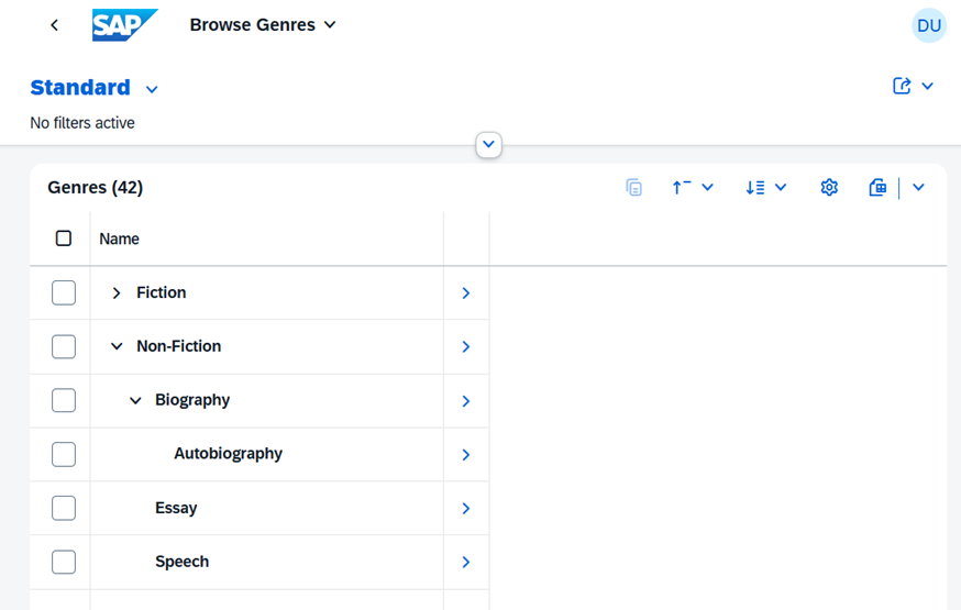 Fiori UI with hierarchical tree view.