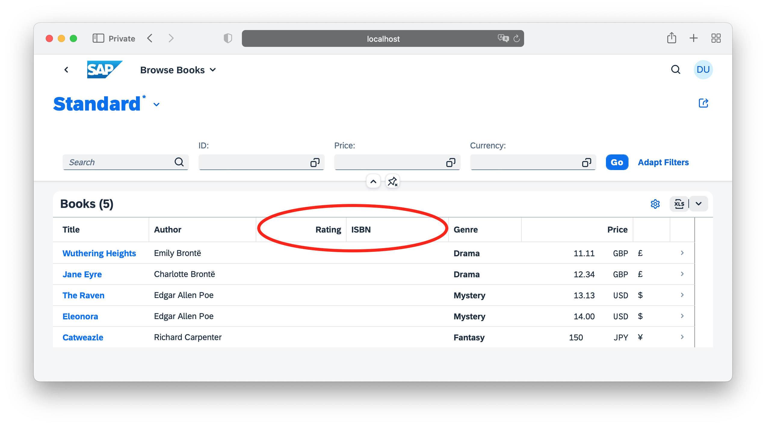 A standard SAP Fiori UI including the new columns ratings and isbn that are available to erin.