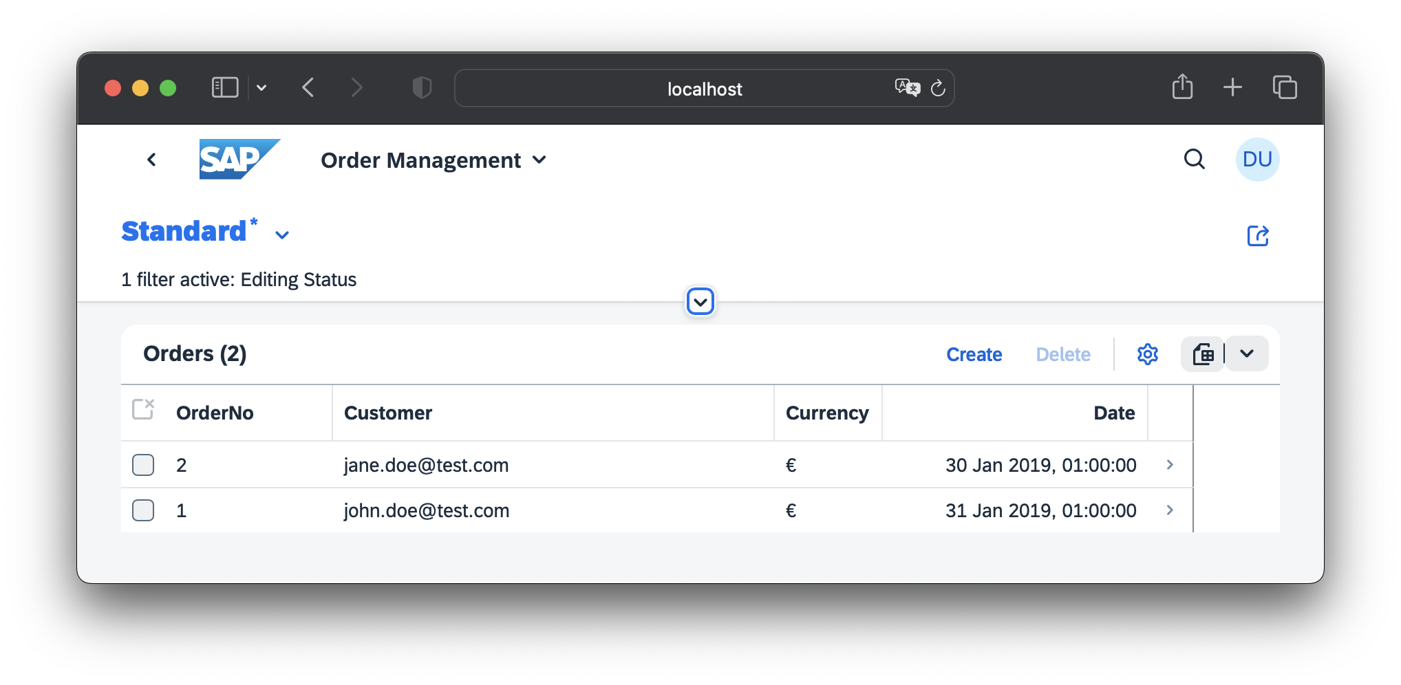 A screenshot of an SAP Fiori UI on the orders management example. It shows a table with the columns order number, customer, currency and date. The table contains two orders.