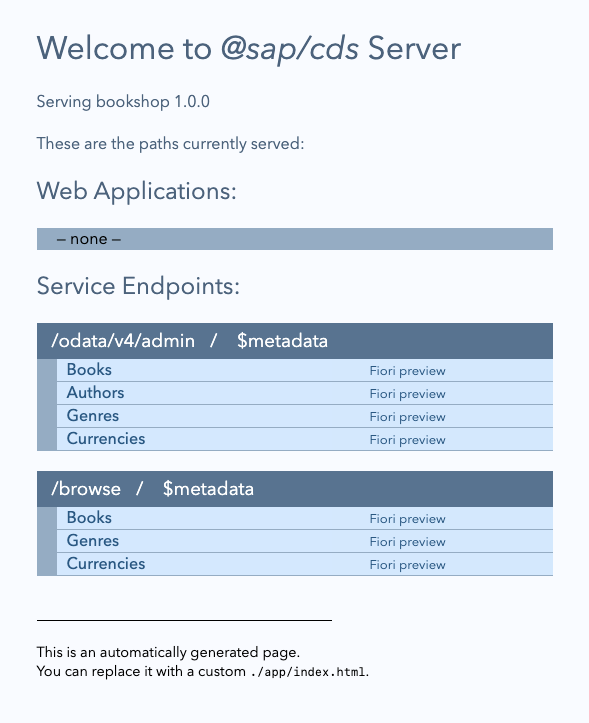 Generic welcome page generated by CAP that list all endpoints.
