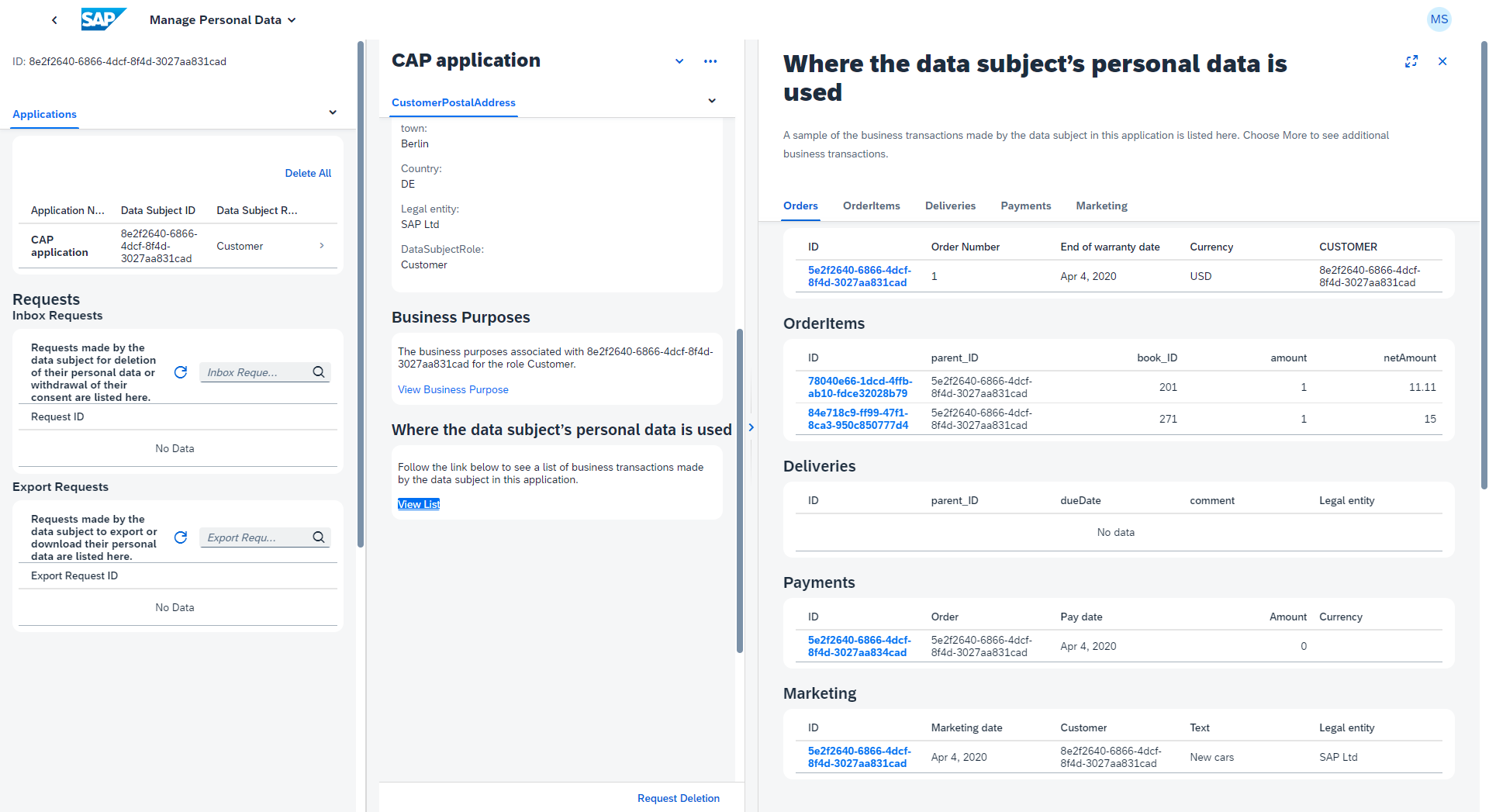 A screenshot of the SAP Personal Data Manager application.