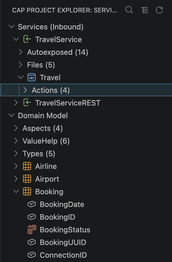 CAP Project Explorer sidebar view showing a structured tree of CDS artifacts