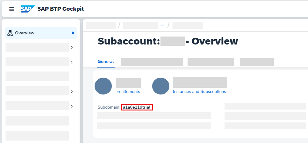 Simplified UI, showing where to find the subdomain in the SAP BTP cockpit.