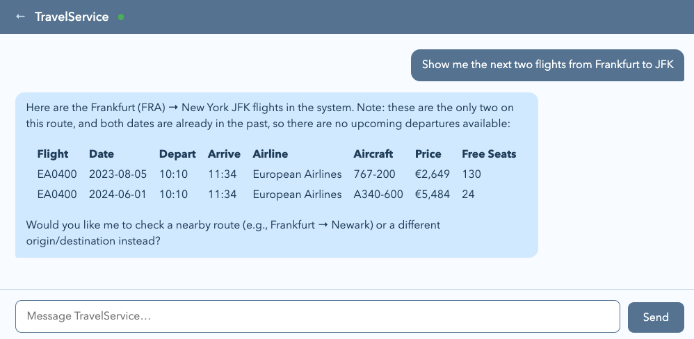 A chat interaction with the TravelService agent showing it's reply for the question "Show me the next two flights from Frankfurt to JFK"