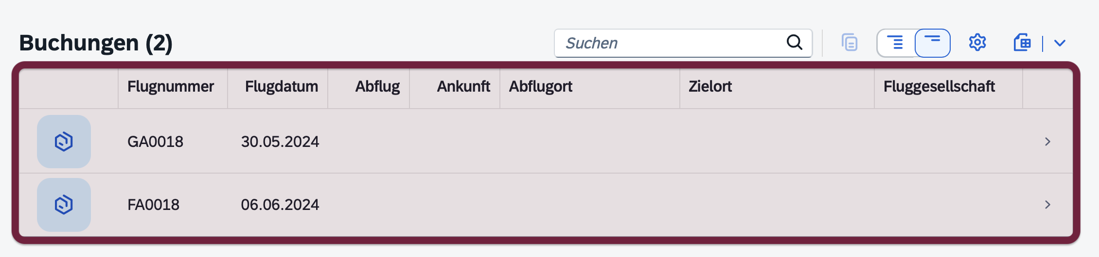 XTravels Fiori details view showing a travel requests, with the flights data missing