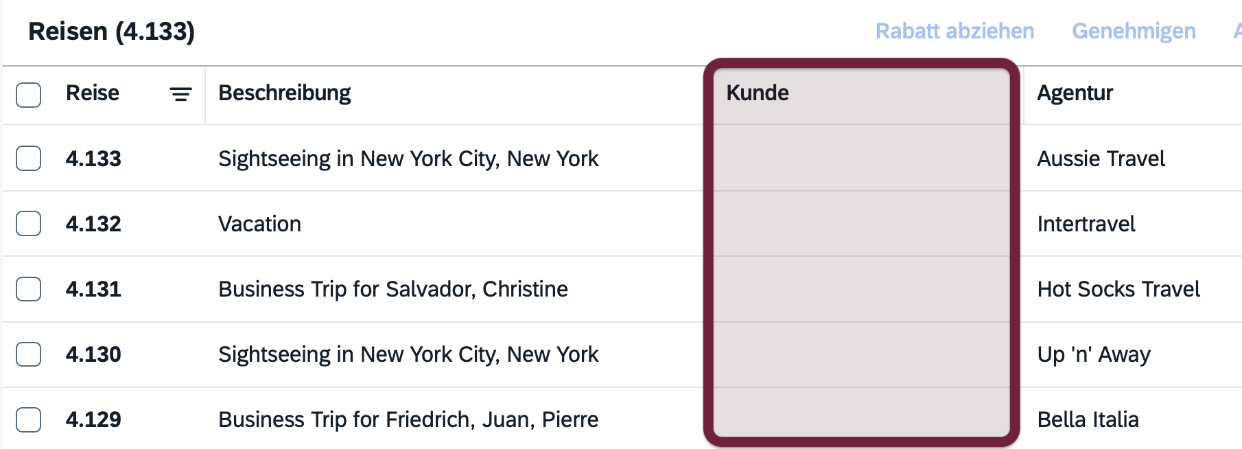 XTravels Fiori list view showing a table of travel requests, with the Customer column empty.