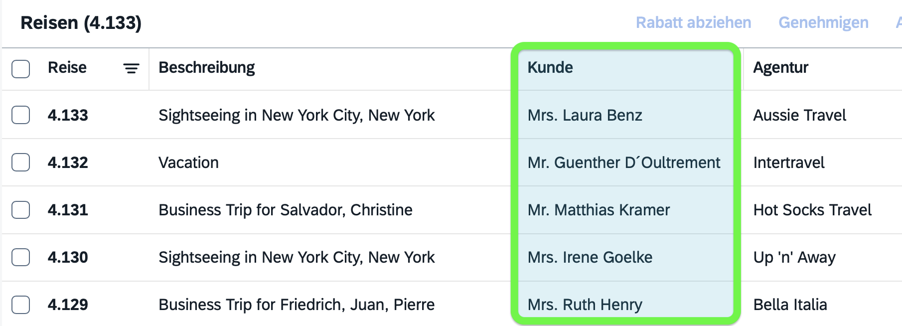 XTravels Fiori list view showing a table of travel requests, with the Customer highlighted in green.