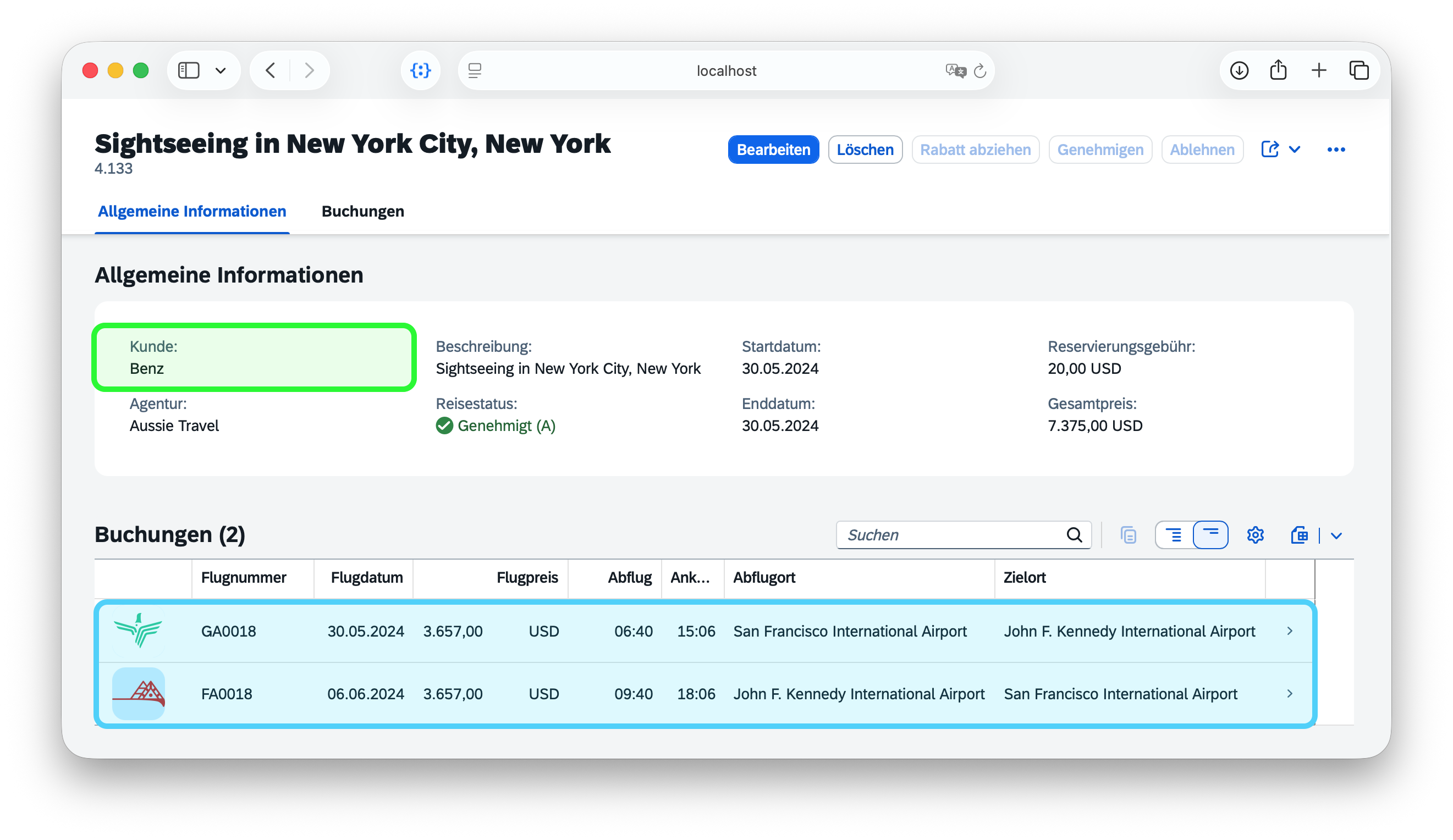 XTravels application interface showing a travel request form. The interface displays customer information including name, email, and address fields highlighted in green, sourced from S/4HANA. Below that, a flight booking section shows departure and arrival airports, dates, and times highlighted in blue, sourced from the XFlights service. The layout demonstrates data federation from multiple backend systems presented in a unified user interface.
